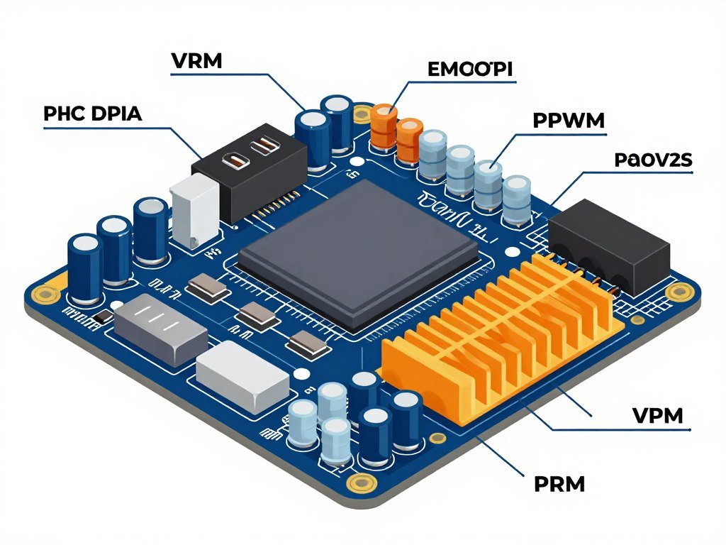 Diagram showing motherboard VRM components including power phases, MOSFETs, and heatsinks with power delivery flow from PSU to CPU