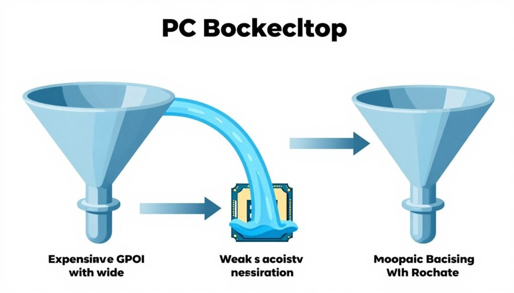 Diagram showing unbalanced PC build with expensive GPU bottlenecked by weak CPU using water funnel analogy