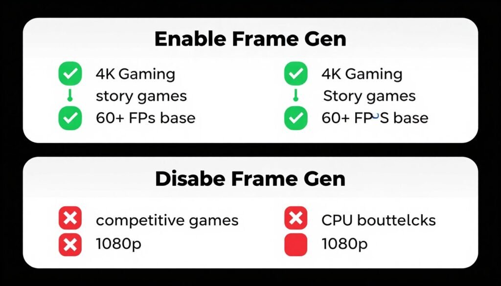 Final frame generation comparison chart showing when to enable or disable the technology Final frame generation comparison chart showing when to enable or disable the technology