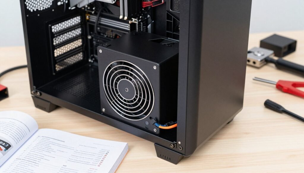First-time PC builder installing power supply with clear cable routing shown