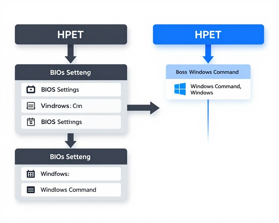 Flowchart showing proper HPET configuration steps in BIOS and Windows