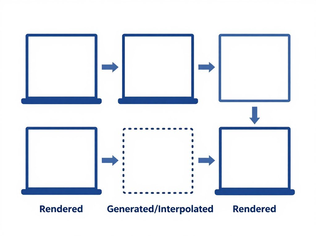 Frame generation technology diagram showing how frames are interpolated between rendered frames Frame generation technology diagram showing how frames are interpolated between rendered frames