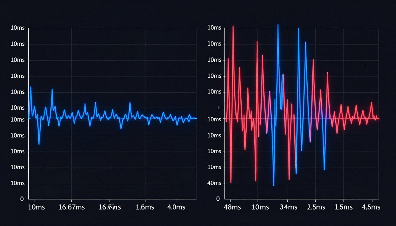 Frame time consistency graph showing smooth versus stuttering frame delivery patterns