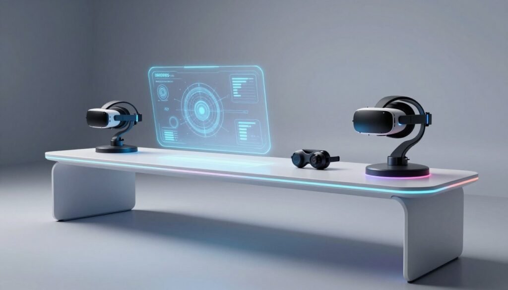 Futuristic concept of 2030 gaming setup with holographic displays and advanced hardware