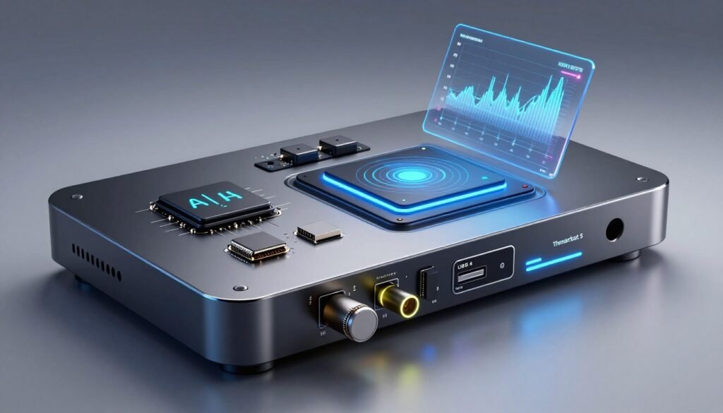 Futuristic concept of audio production hardware with AI-accelerated processing and advanced connectivity