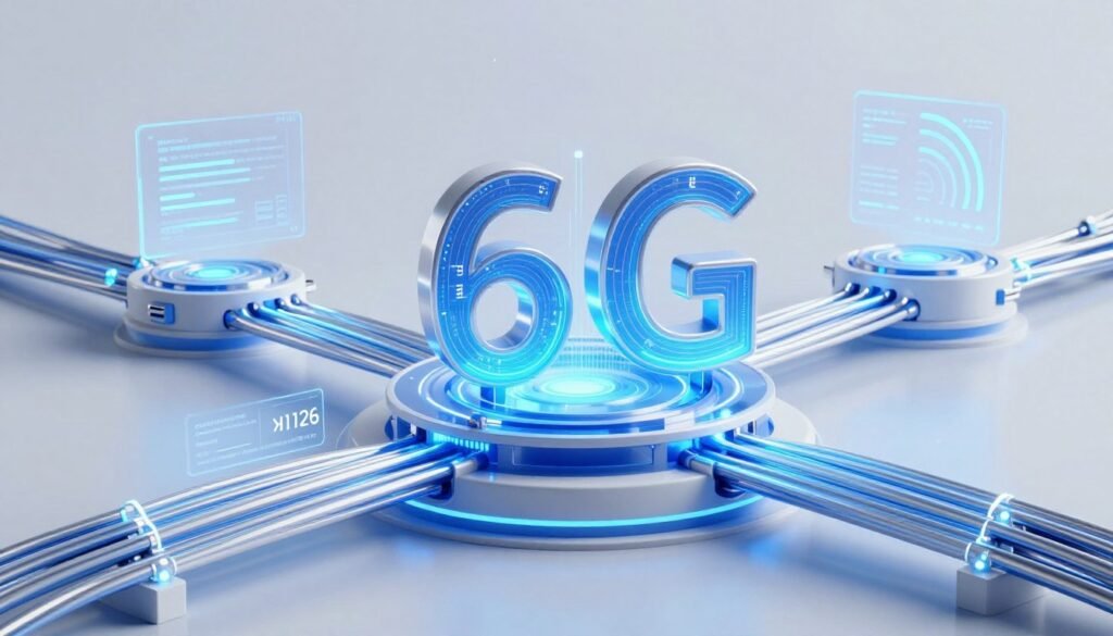 Futuristic visualization of 6G network infrastructure and data transmission speeds