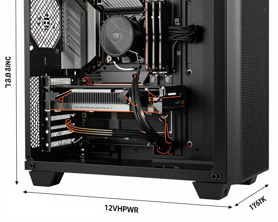 GPU clearance measurement in ITX case showing power cable space