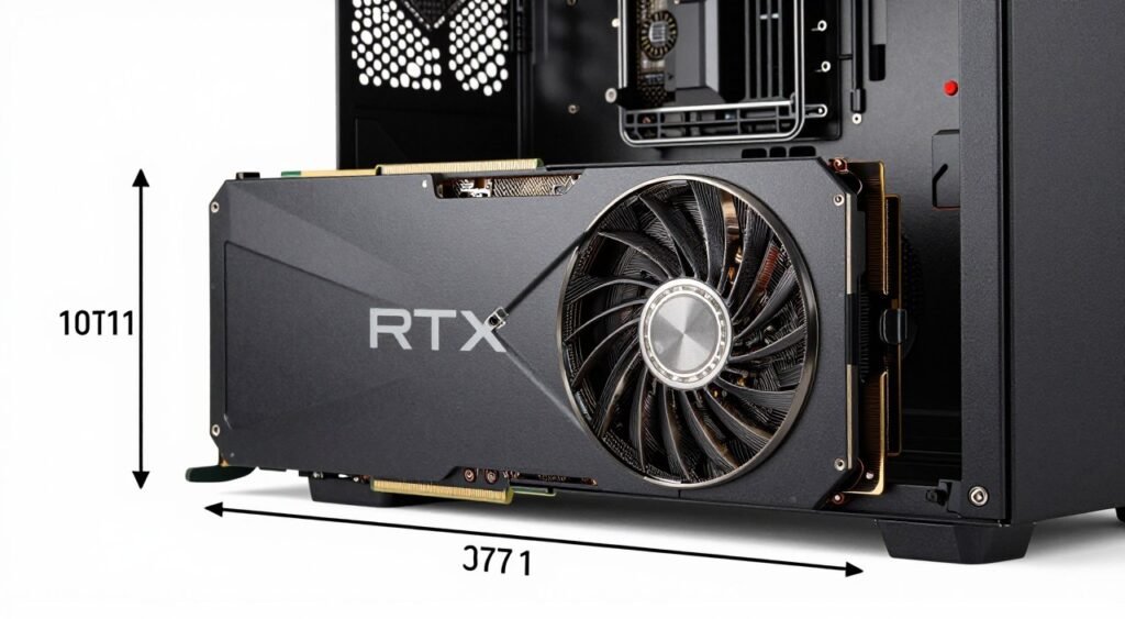 GPU clearance measurement showing graphics card length and width within PC case