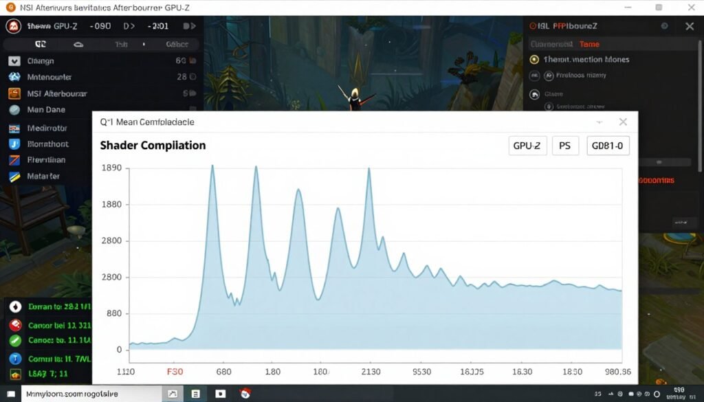GPU monitoring software showing background shader compilation activity while game sits idle on main menu GPU monitoring software showing background shader compilation activity while game sits idle on main menu