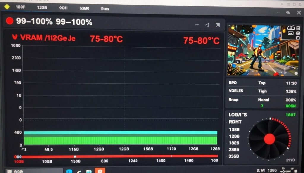 GPU monitoring software showing maxed out VRAM and 100% GPU utilization during competitive gaming GPU monitoring software showing maxed out VRAM and 100% GPU utilization during competitive gaming