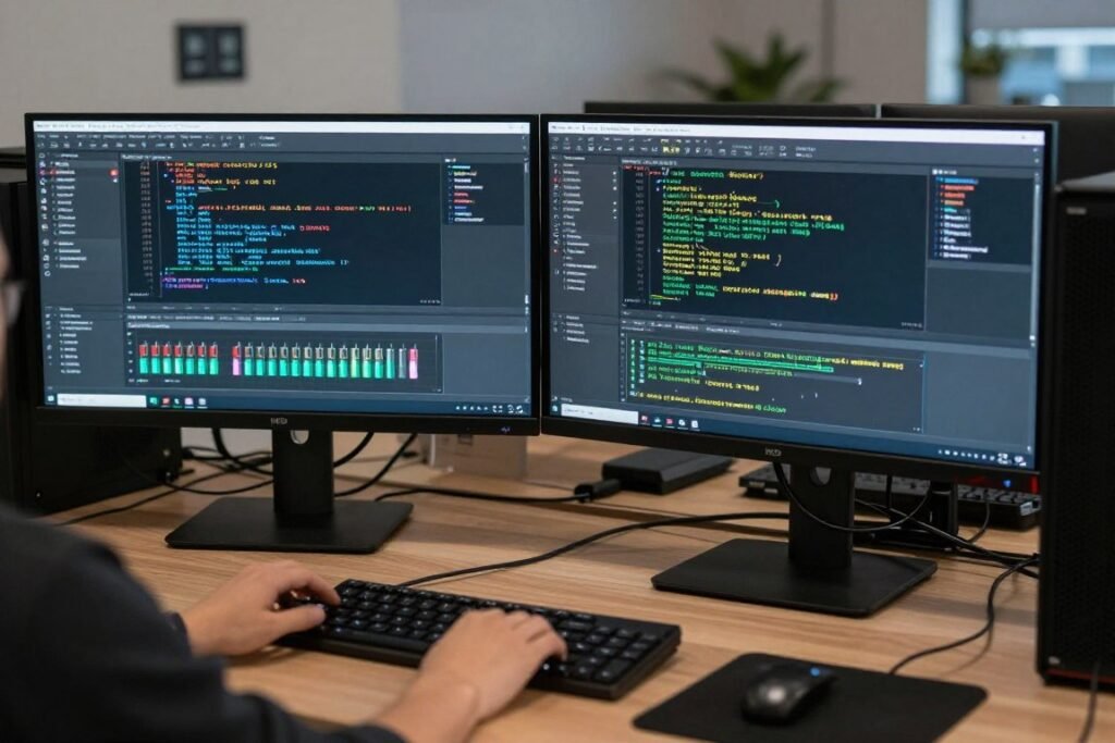 Game developer working on shader compilation optimization in development environment Game developer working on shader compilation optimization in development environment