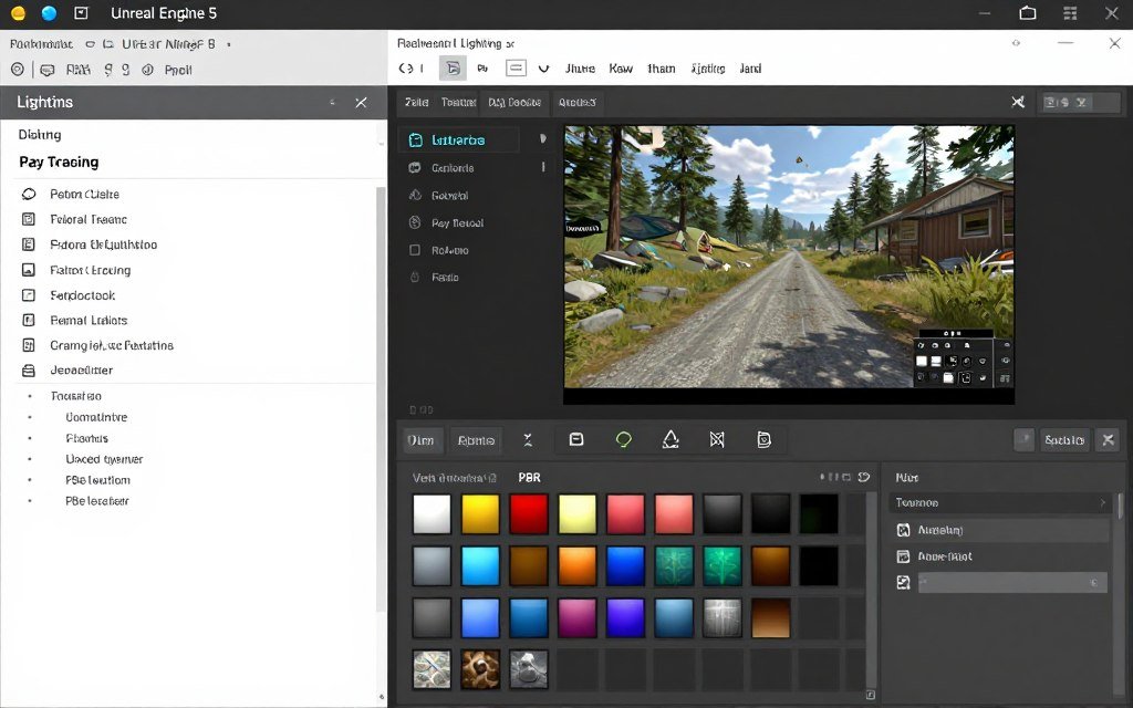 Game development environment showing path traced lighting workflow and tools