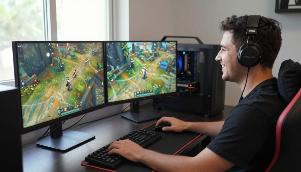 Gamer enjoying seamless gameplay on high-performance local PC setup