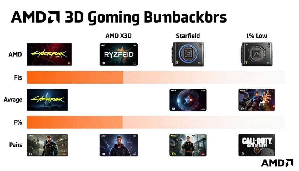 Gaming benchmark comparison showing AMD X3D versus standard Ryzen processors across multiple games