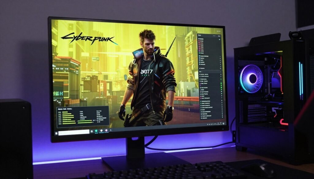 Gaming benchmark running showing real-time power consumption and performance metrics