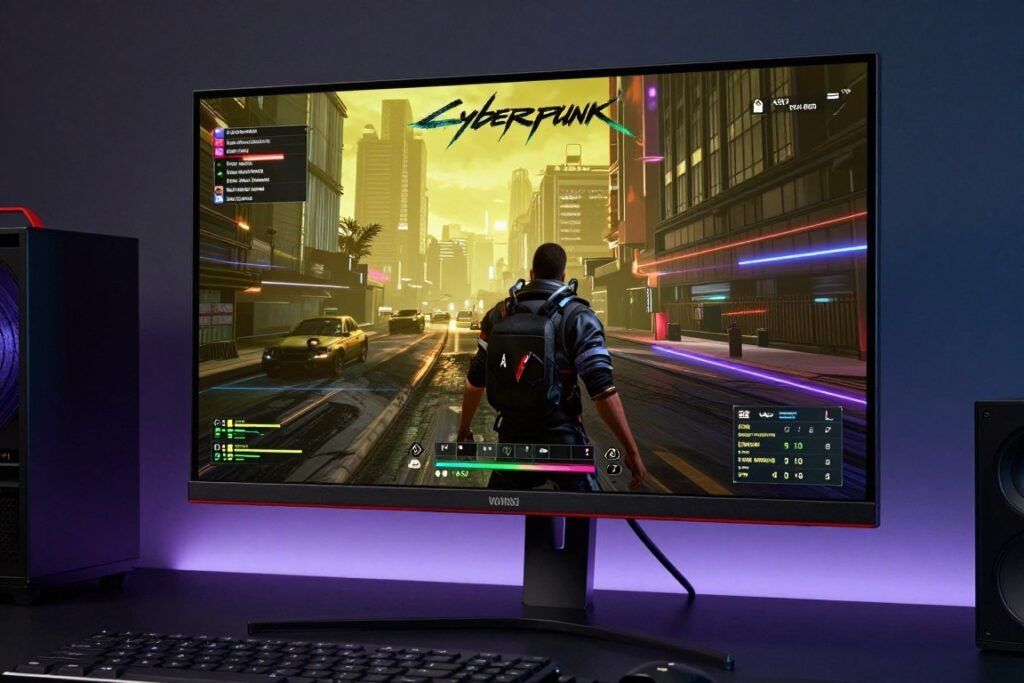 Gaming monitor display showing graphics quality and performance in modern AAA game