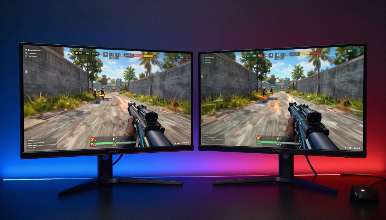 Gaming monitor displaying fast-paced FPS game with motion blur comparison between OLED and IPS panels