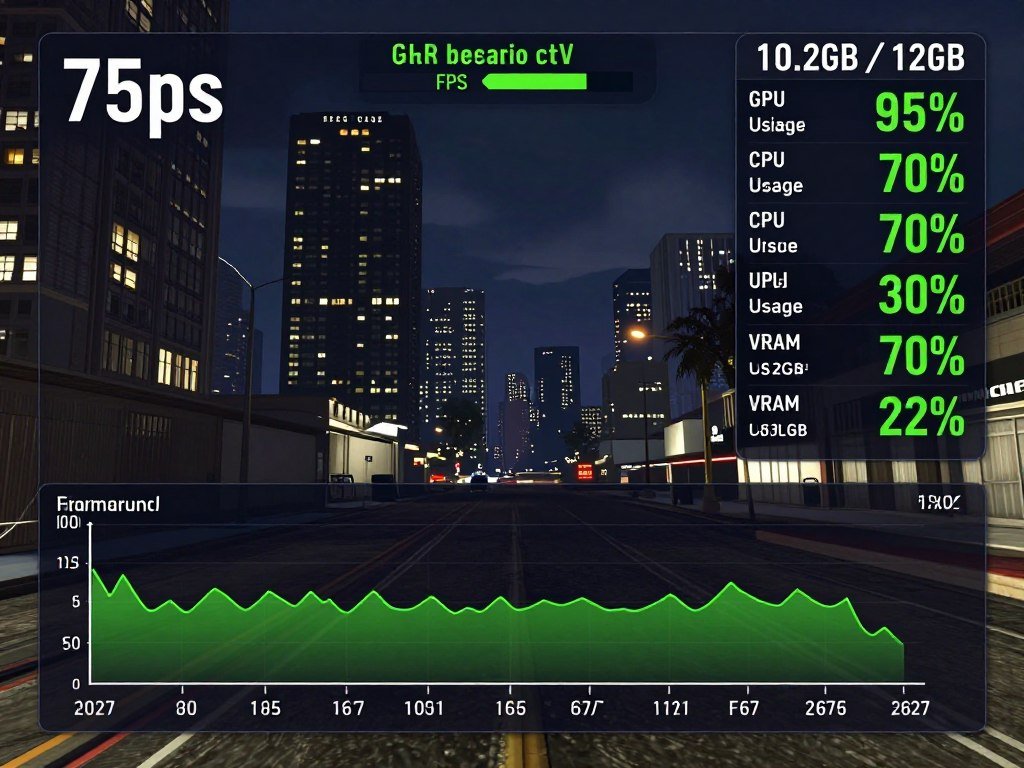 Gaming overlay showing performance metrics during GTA 6 gameplay with ideal balanced usage