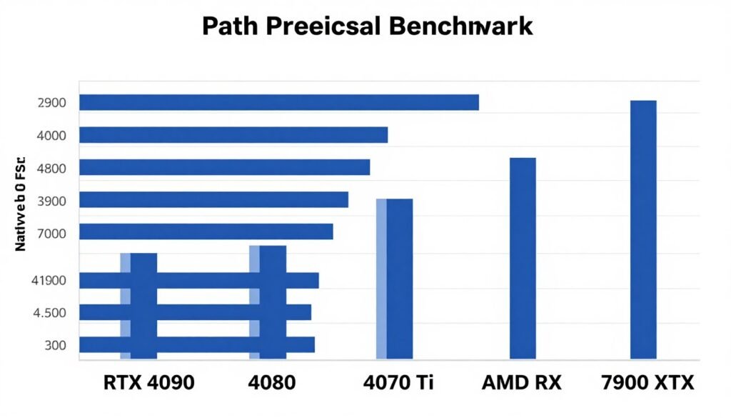Gaming performance benchmark chart showing path tracing FPS across different GPU models
