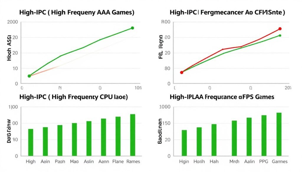 Gaming performance graphs comparing high IPC versus high clock speed CPUs in modern titles