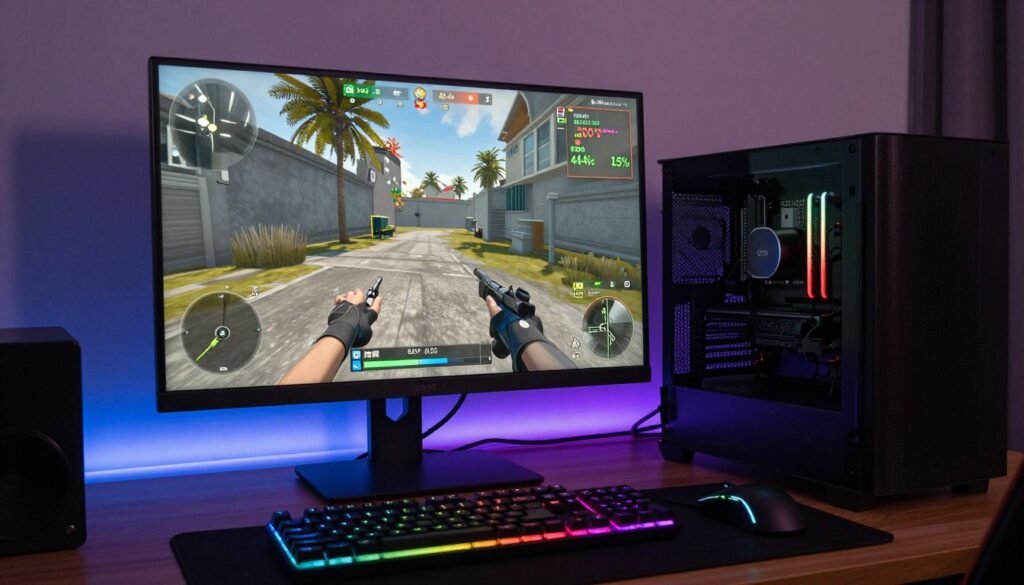 Gaming setup with performance monitoring overlay