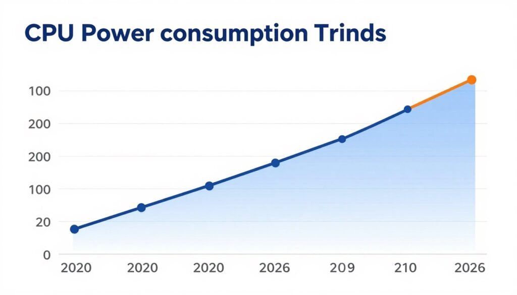 Graph showing CPU power consumption trend increasing from 2020 to 2026 affecting motherboard VRM requirements