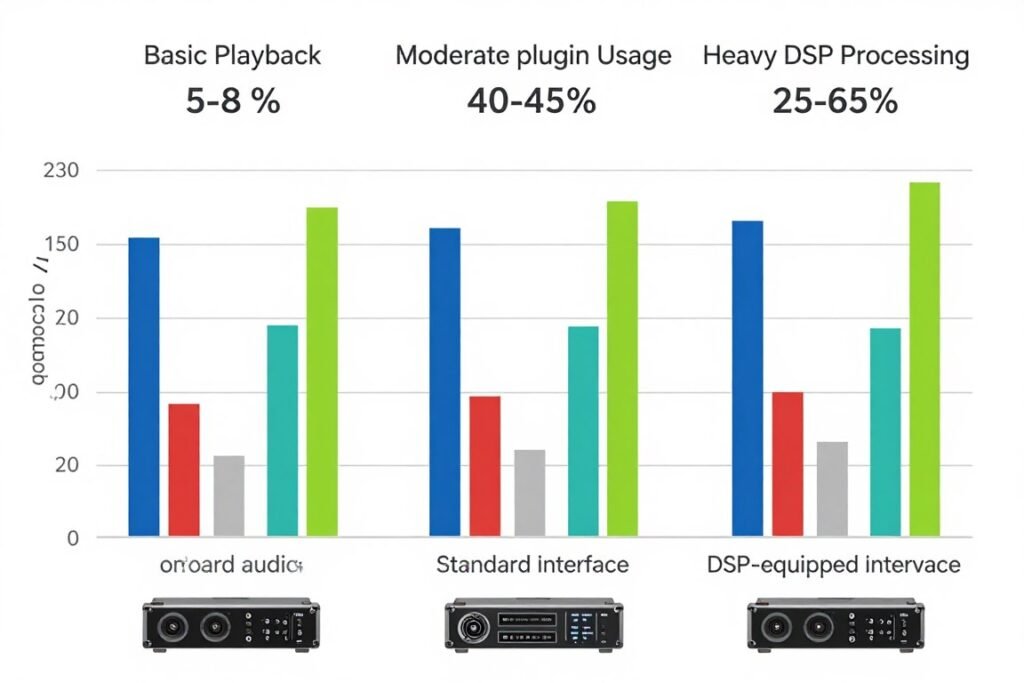 Graph showing CPU usage differences between audio hardware configurations across different workload scenarios