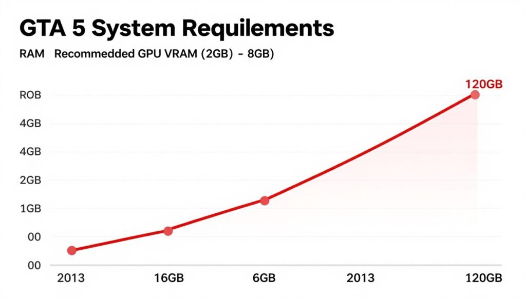 Graph showing GTA 5 system requirements increase over 10 years of updates and DLC