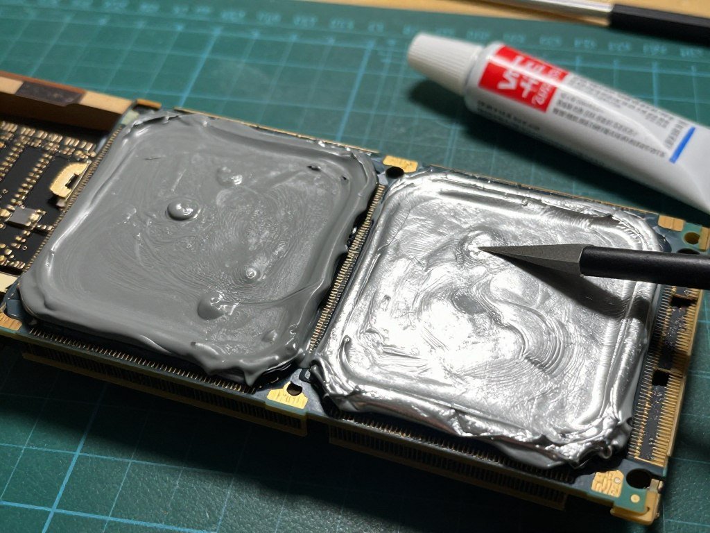 Graphics card with heatsink removed showing old dried thermal paste on GPU die next to fresh thermal paste application