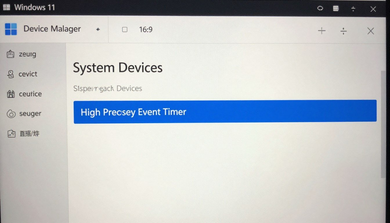 HPET Optimization settings in Windows device manager showing high precision event timer configuration