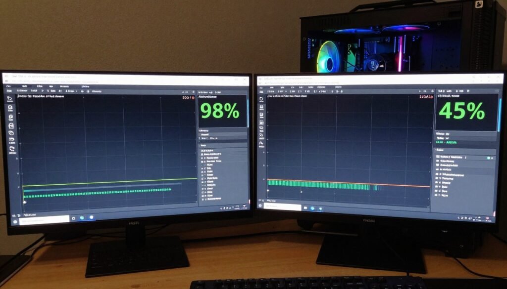 Hardware monitoring showing CPU and GPU usage percentages during gaming