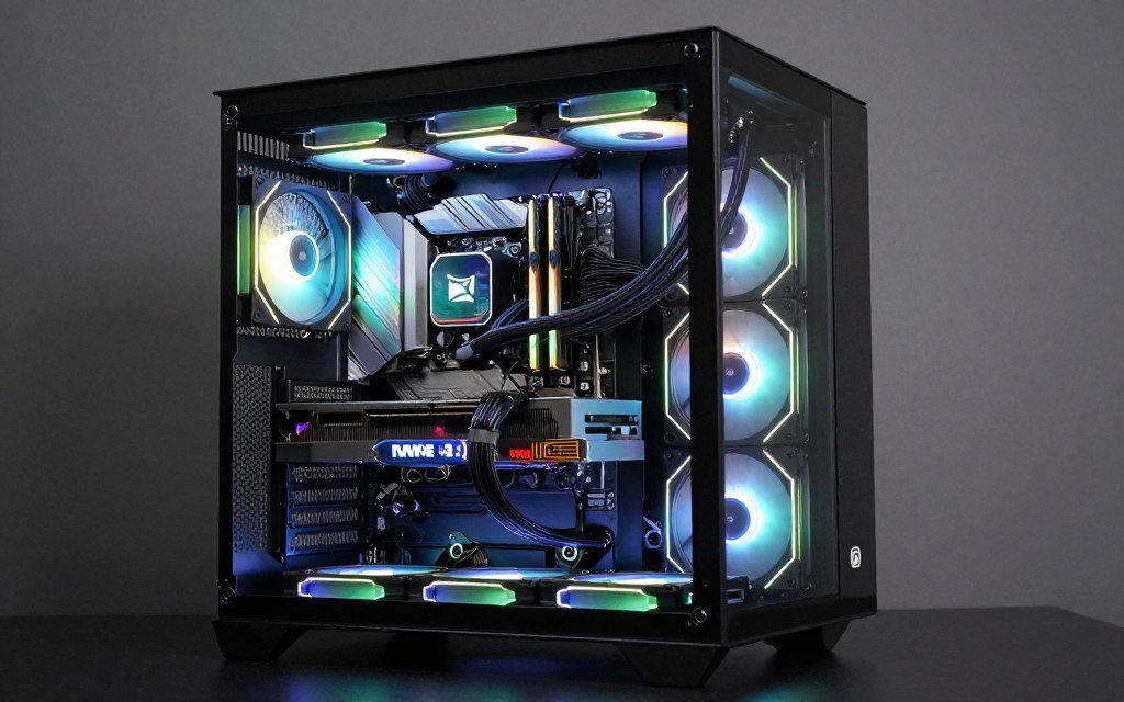High-end gaming PC build with RTX 5080 in full tower case showing premium components and cooling