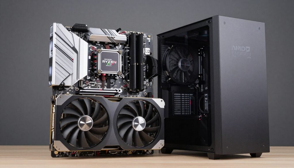 High-end gaming PC components including modern AMD GPU and CPU