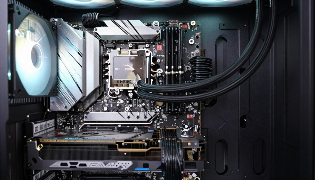 High-performance gaming PC build showing quality motherboard with proper VRM for balanced system performance