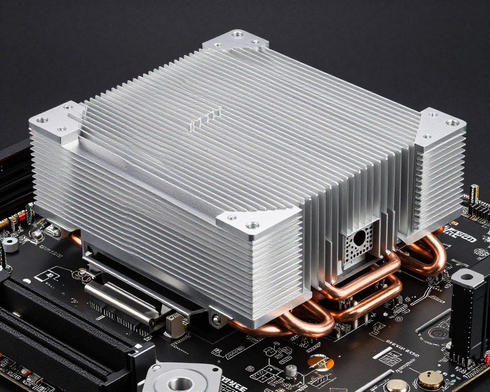 High-quality motherboard VRM heatsink with thick aluminum fins and copper heat pipes for efficient power delivery cooling