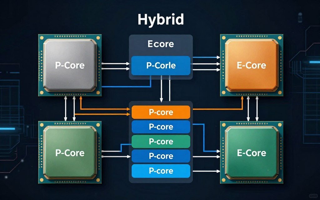 Hybrid CPU architecture diagram showing P-cores and E-cores Hybrid CPU architecture diagram showing P-cores and E-cores