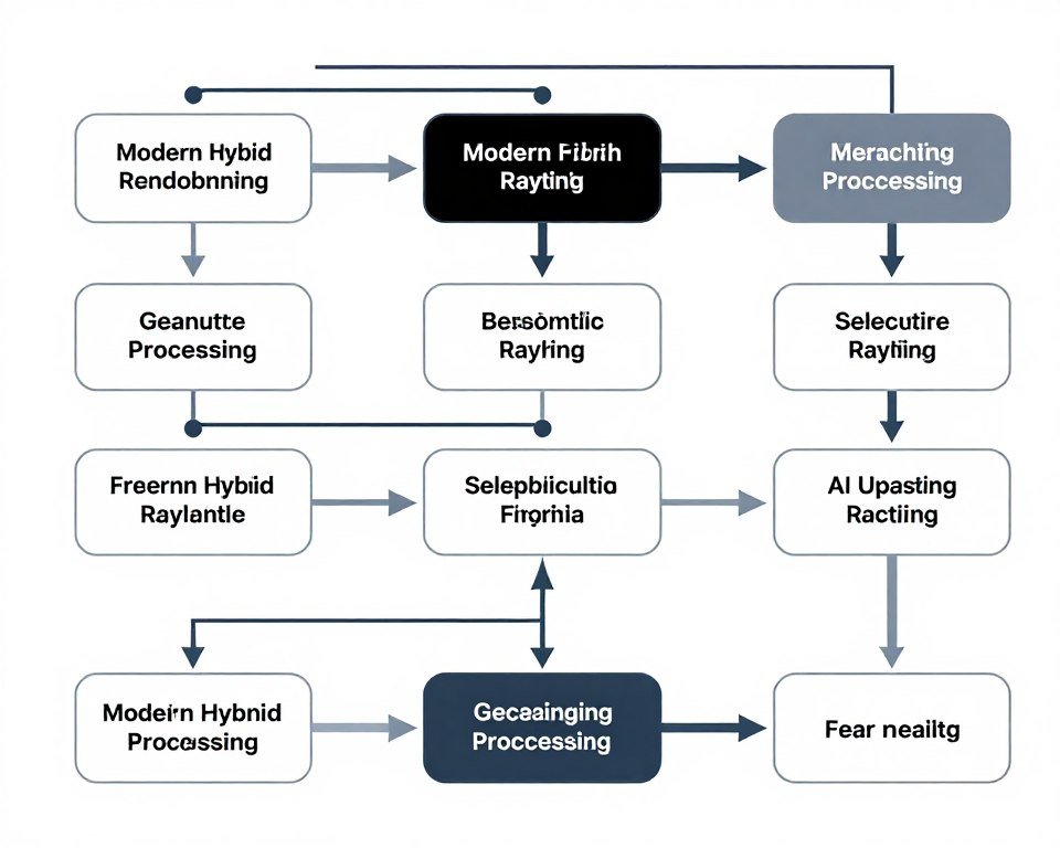 Hybrid rendering pipeline diagram showing rasterization, ray tracing, and AI upscaling stages