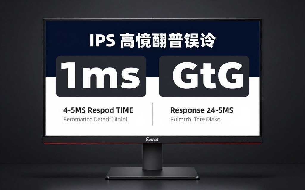 IPS monitor panel displaying spec sheet with response time marketing claims versus actual measured performance