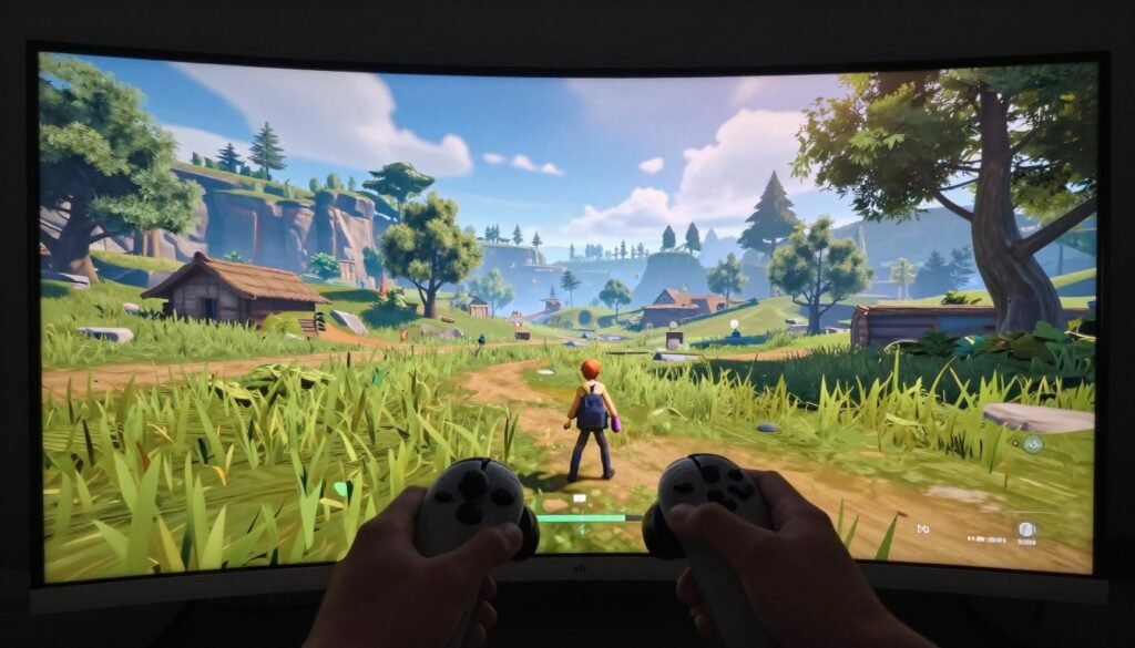 Immersive ultrawide gaming experience showing game world