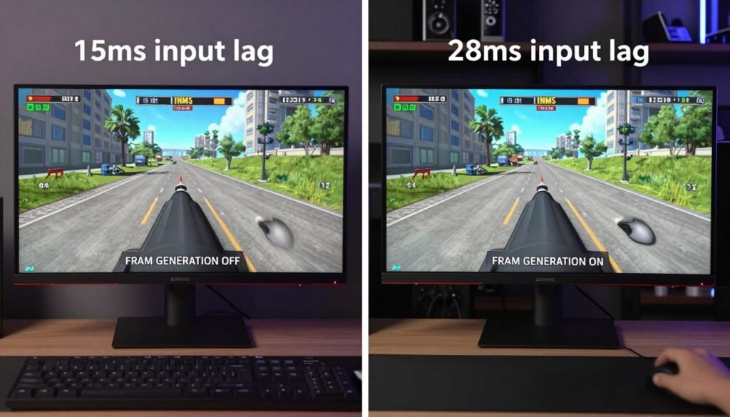 Input lag measurement comparison showing latency differences with frame generation enabled versus disabled Input lag measurement comparison showing latency differences with frame generation enabled versus disabled