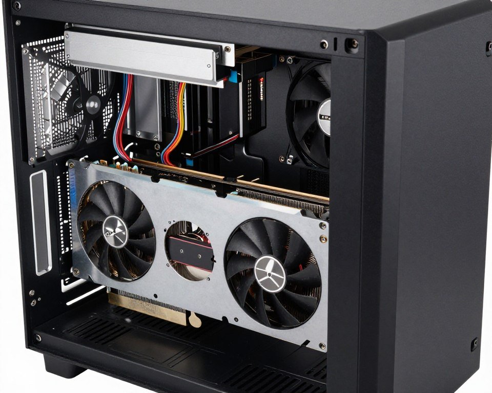 Internal view of eGPU enclosure showing power supply, cooling system, and GPU installation