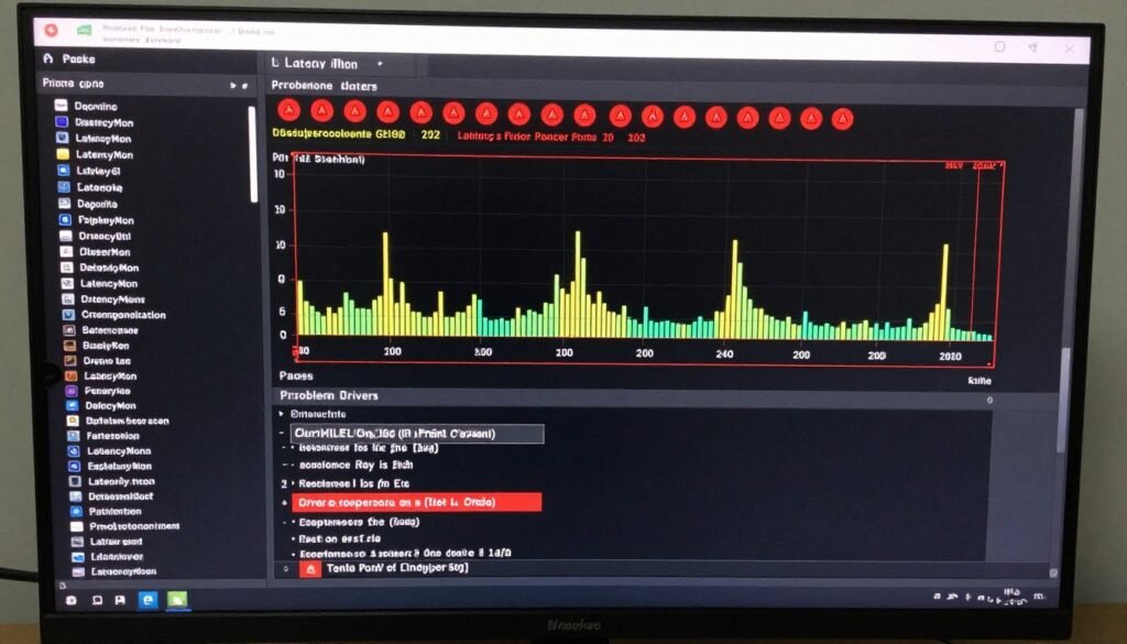 LatencyMon software interface showing DPC latency spikes and driver analysis for troubleshooting LatencyMon software interface showing DPC latency spikes and driver analysis for troubleshooting