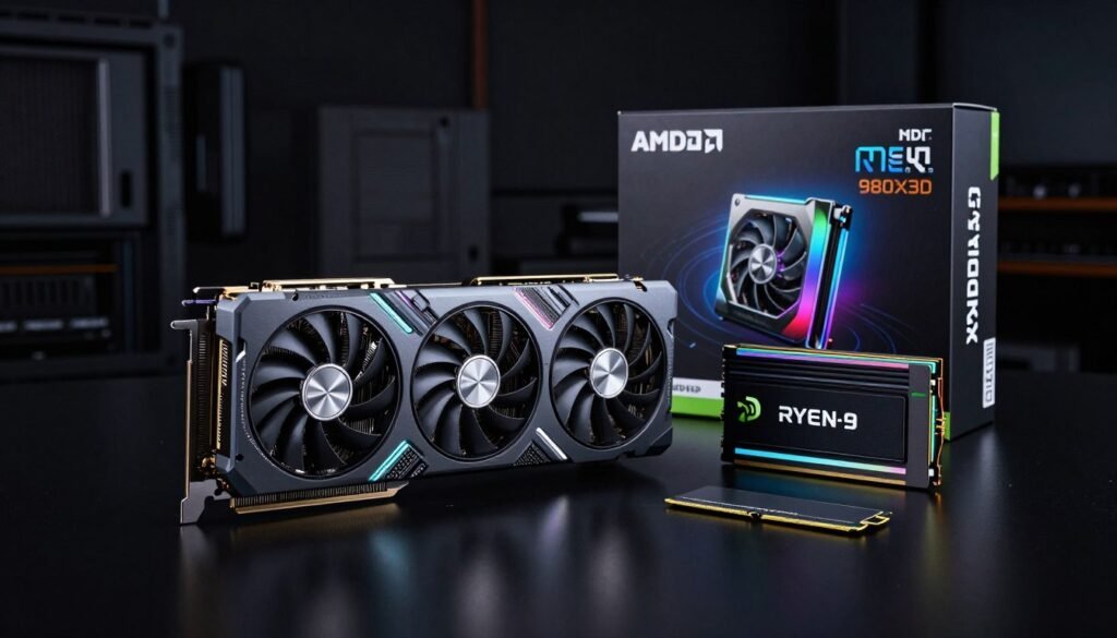 Latest generation PC components including RTX 50-series GPU and AMD Ryzen 9000 series CPU with GTA 6 performance benchmarks