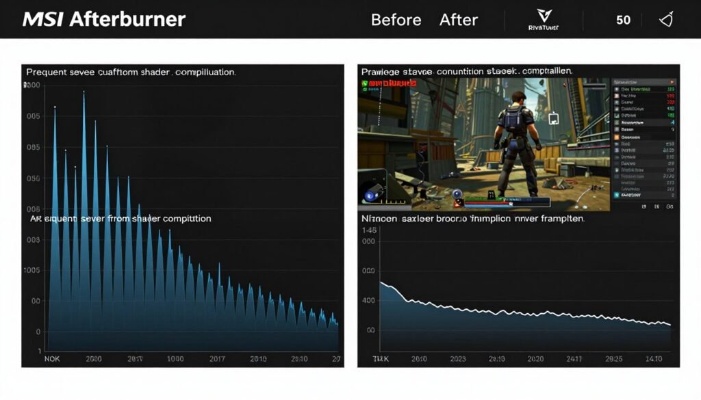 MSI Afterburner frametime graph showing shader compilation stutter spikes before and after shader compilation fix MSI Afterburner frametime graph showing shader compilation stutter spikes before and after shader compilation fix