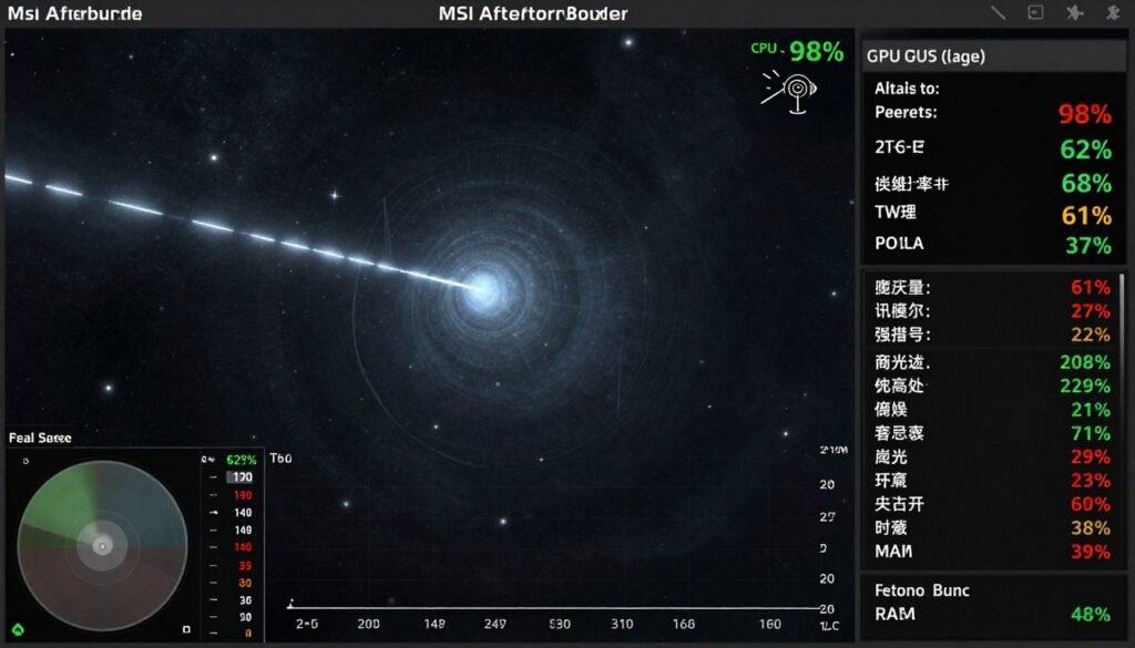MSI Afterburner overlay showing Starfield performance metrics and bottleneck indicators