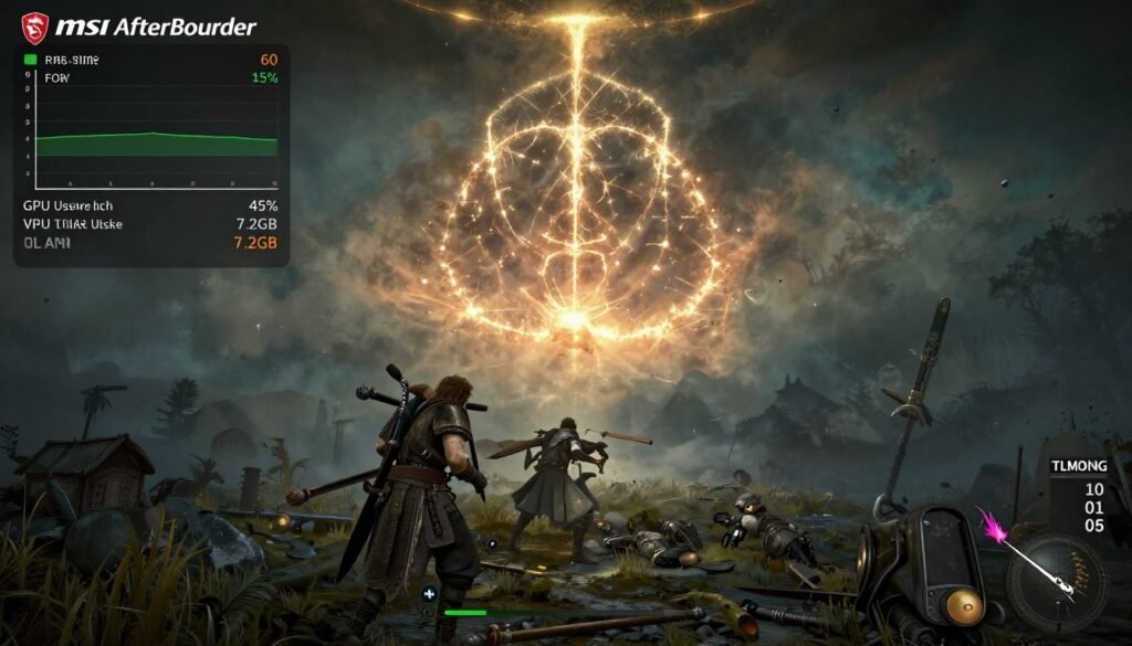 MSI Afterburner overlay showing performance metrics during Elden Ring gameplay