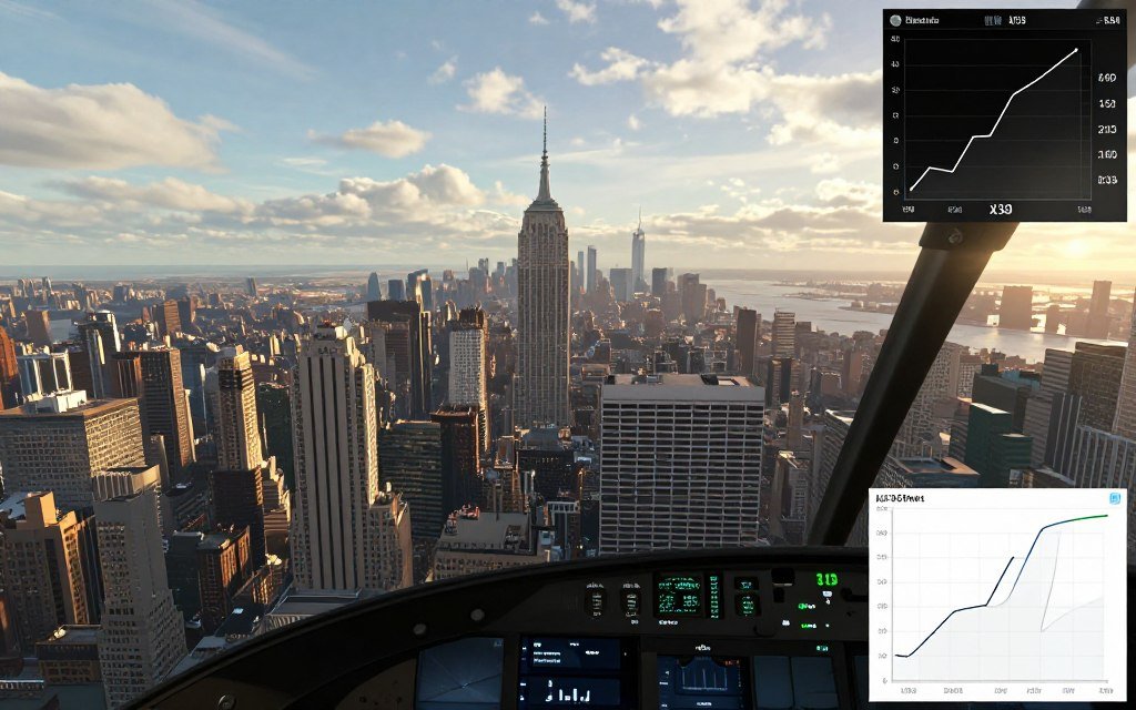 Microsoft Flight Simulator running smoothly over dense city on X3D system