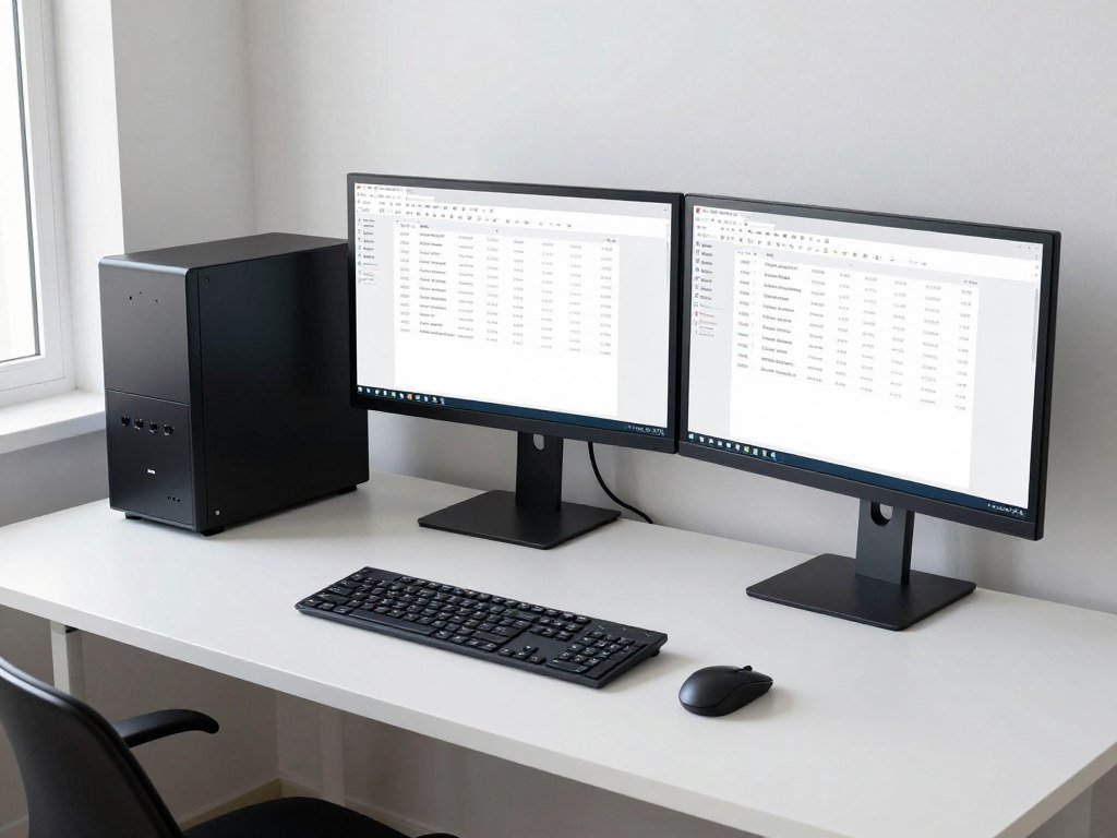 Minimal home office setup showing budget desktop PC with dual monitors displaying productivity software