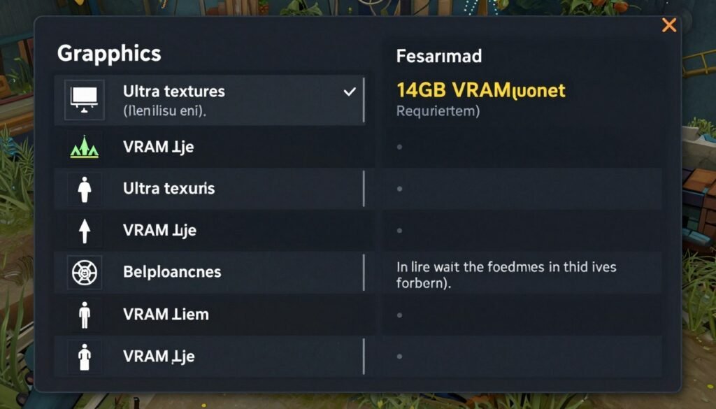 Modern AAA game graphics settings showing VRAM requirements