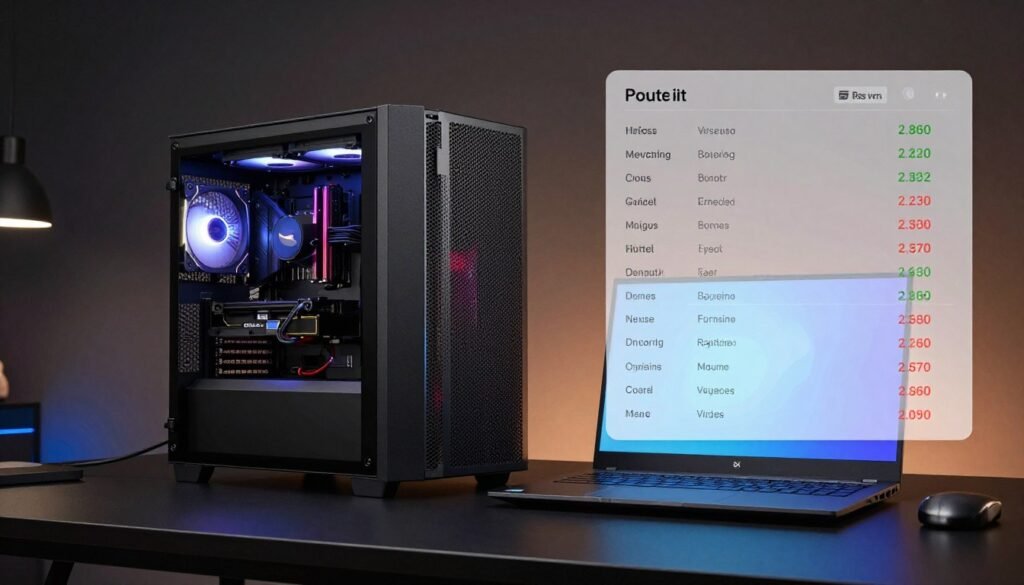 Modern desktop PC and laptop side-by-side with performance metrics overlay showing value comparison